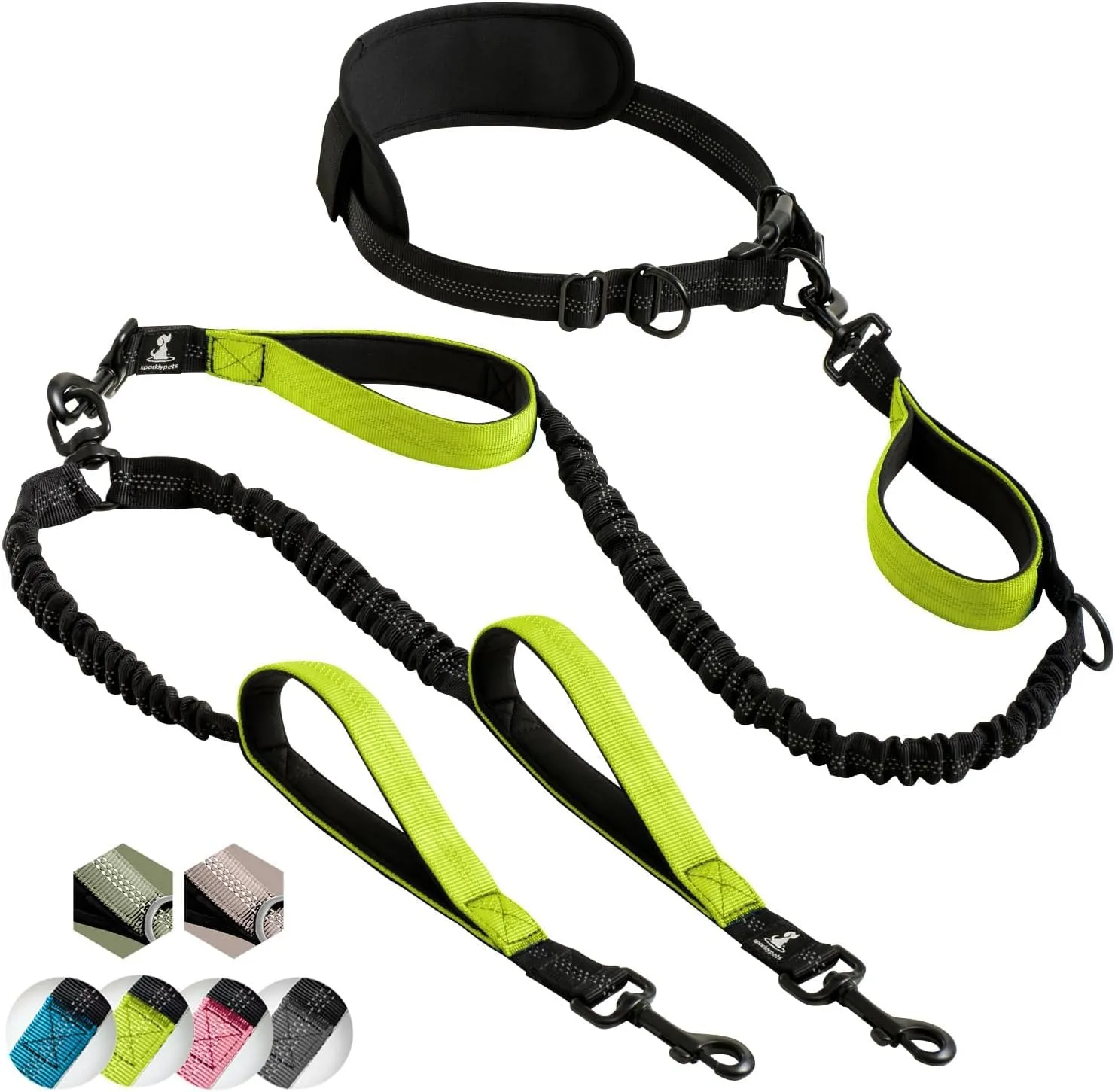 SparklyPets Spaccalegna doppio per cani a mani libere, doppio guinzaglio per cani di taglia media e grande, guinzaglio per 2 cani con manici imbottiti, cuciture riflettenti, non tirano, non si
