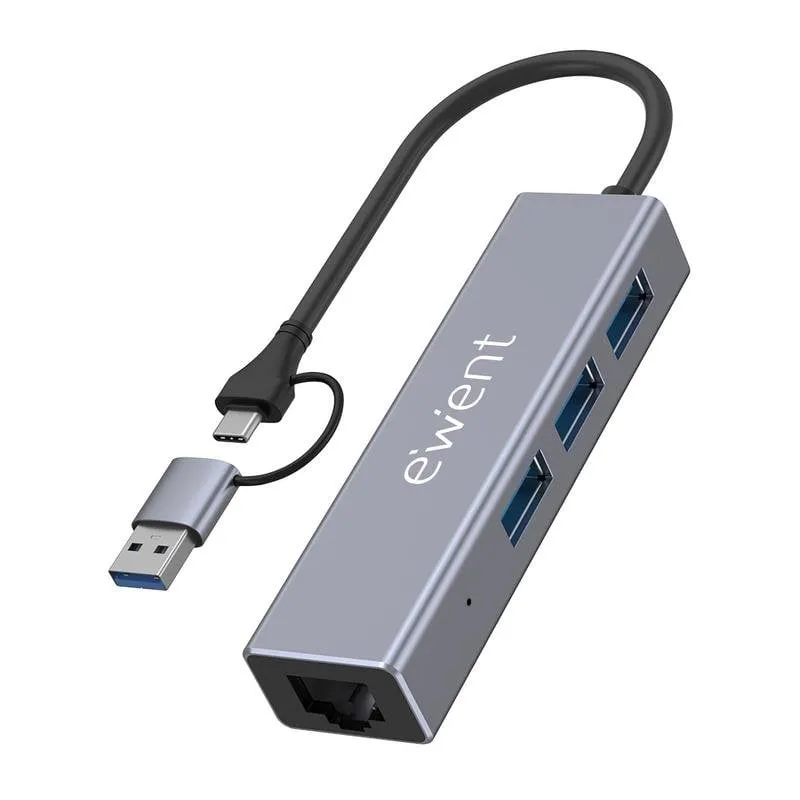 Hub Ewent 3 porte 5 Gbps USB 3.2 Gen 1 Ethernet Gigabit EW1159 alluminio