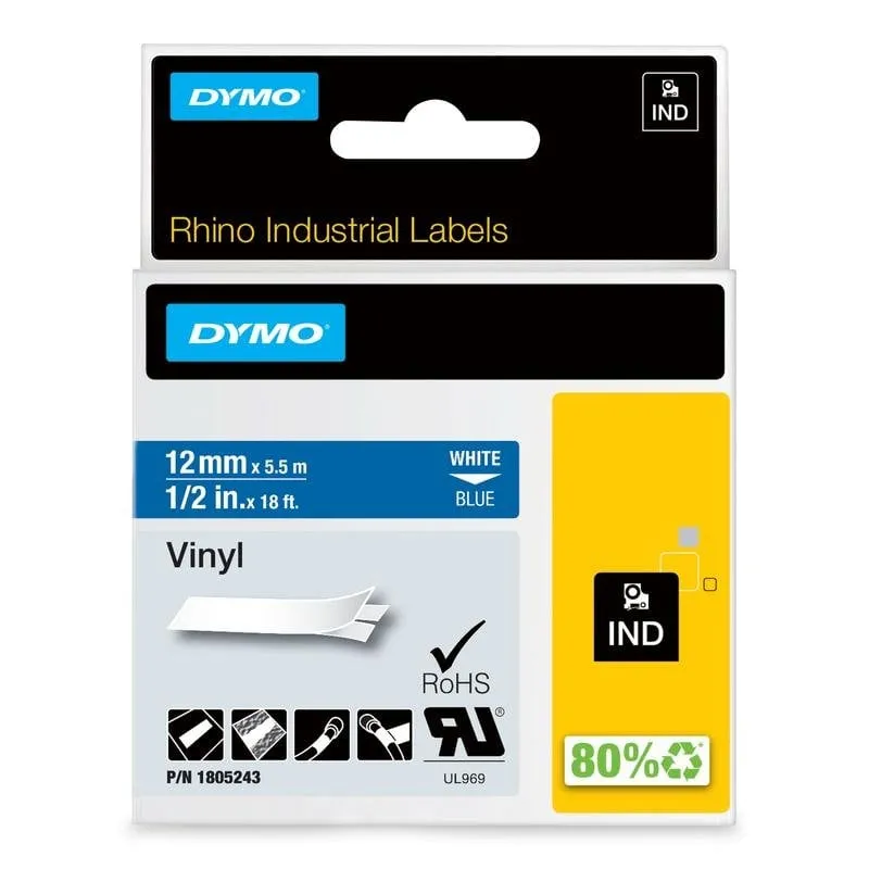 Etichette vinile autoadesive DYMO Rhino 12 mm x 5,5 m bianco su blu