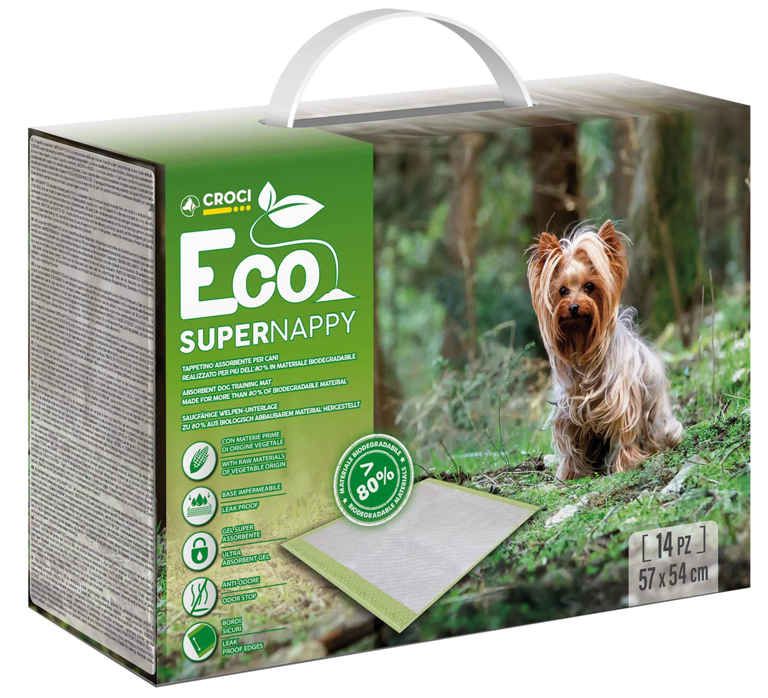 Croci Super Nappy Eco - Tappetini Igienici per Cani 57X54 cm 14 Pezzi, Ecologici - Traverse Cani e Animali Domestici, per Pipi Cane e Gatto Ultra Assorbenti e Biodegradabili