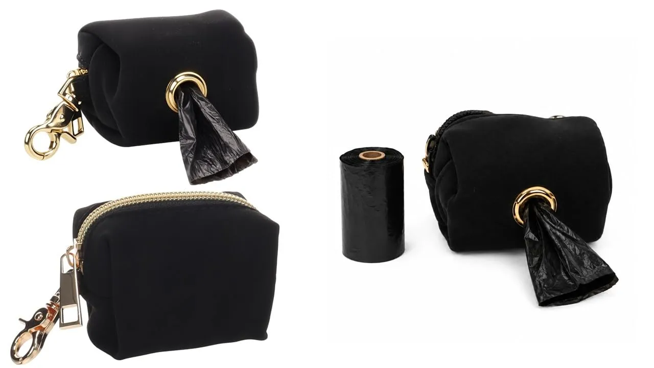 porta sacchetti cane - Mirko Nero - pochette in PU - chiusura lampo - moschettone - 1 rotolo incluso - Flamingo