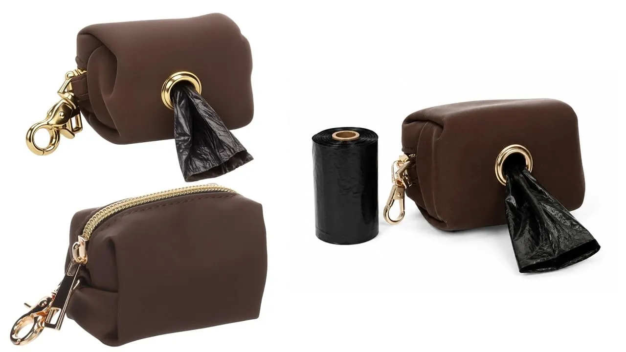 porta sacchetti cane - Mirko Marrone scuro - pochette in PU - chiusura lampo - moschettone - 1 rotolo incluso - Flamingo