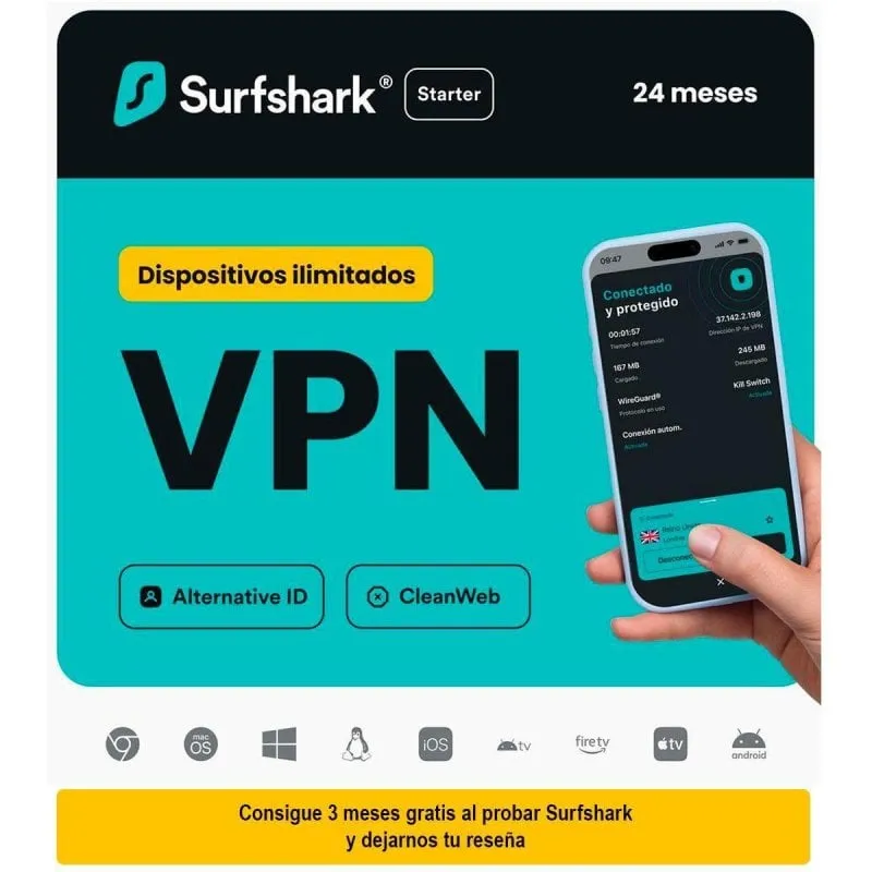 VPN Surfshark Starter, Dispositivi Illimitati, 24 Mesi, Codice Digitale