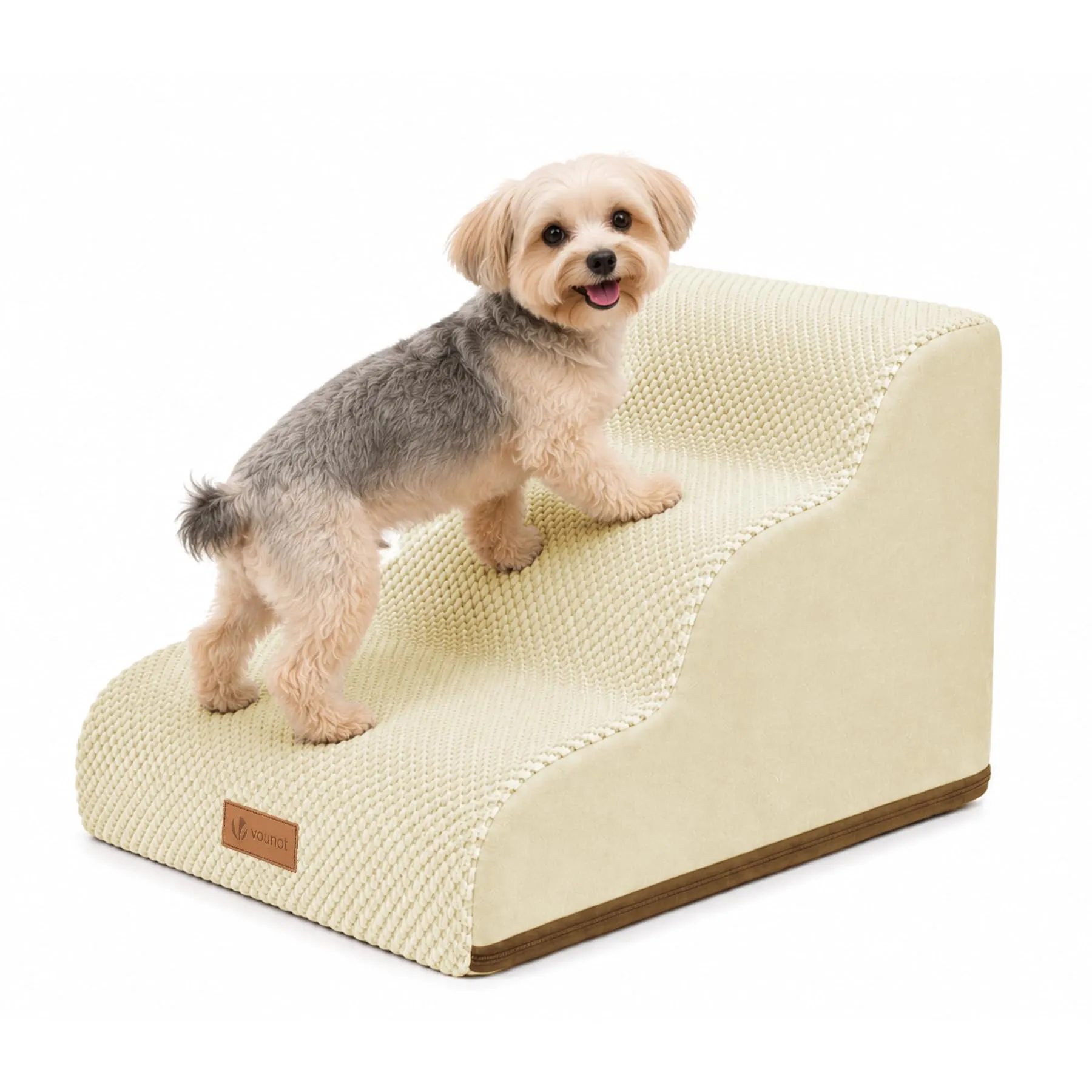 VOUNOT® Scaletta per Cani a 3 Gradini, Scala per Animali Antiscivolo in Schiuma ad Alta Densità con Maniglia, Sfoderabile e Lavabile, Accesso a Divano e Letto per Cani Piccoli o Anziani, Beige