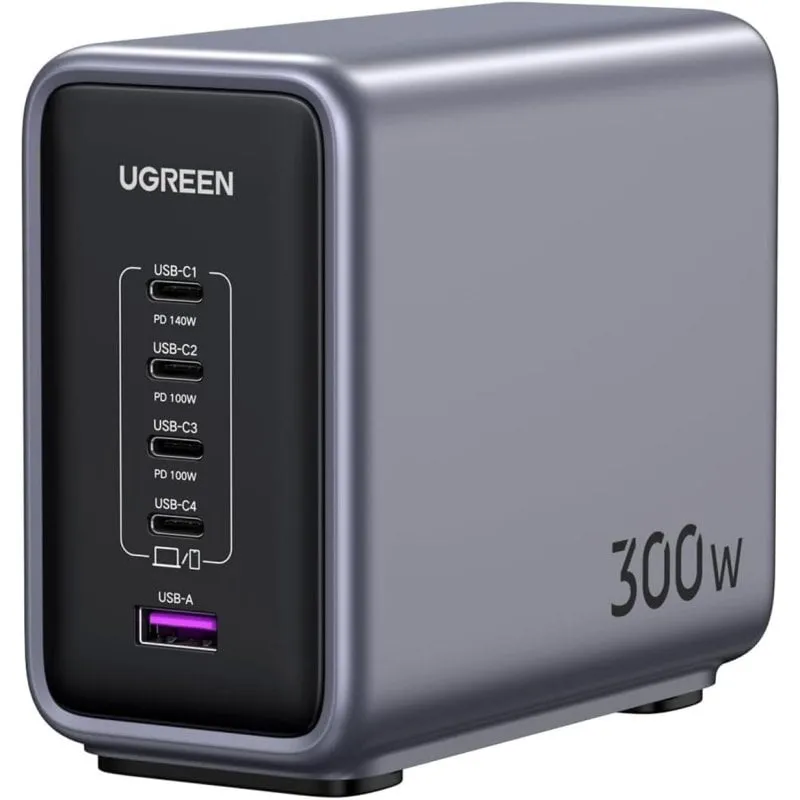 Caricatore UGREEN 90903B Nexode 300W GaN 5 Porte 4x USB-C 1x USB-A Fast Charge PD 3.1 Grigio/Nero con Cavo 2m