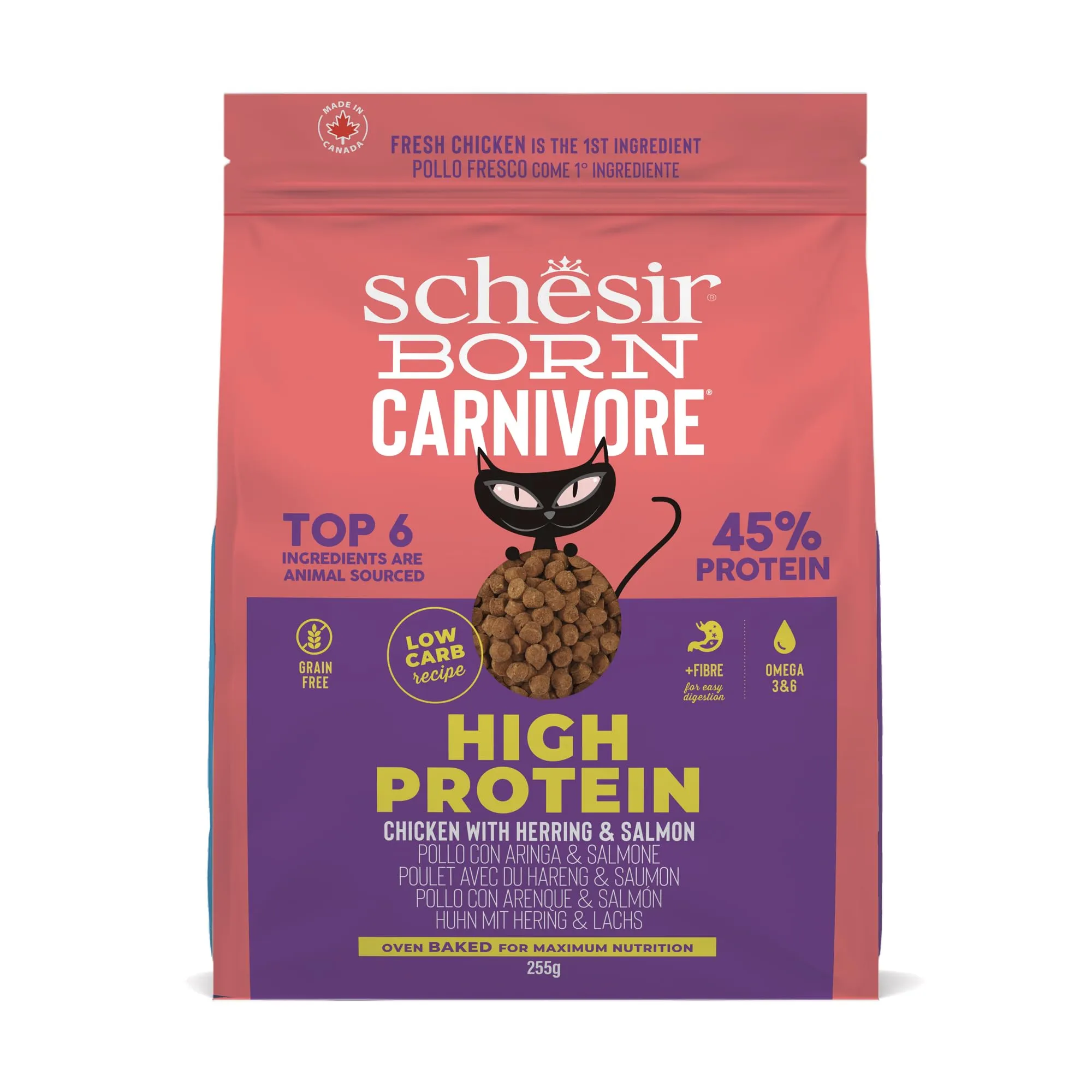 Schesir Born Carnivore, al gusto Pollo e Aringa, Crocchette per gatti adulti Cotte al forno (Sacco da 255g)