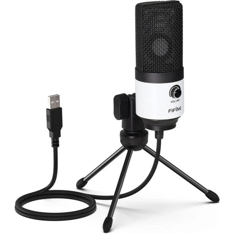 Microfono Fifine K669BW USB cardioide con controllo volume e treppiede bianco