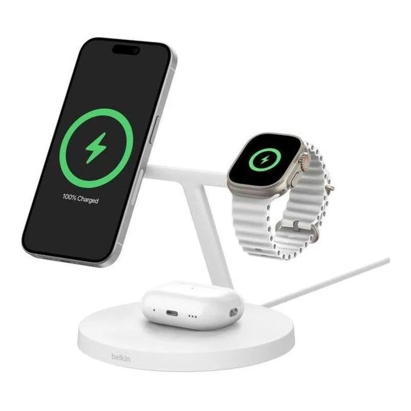 Stazione di Carica Belkin BoostCharge 3 in 1 Qi2 MagSafe Bianca
