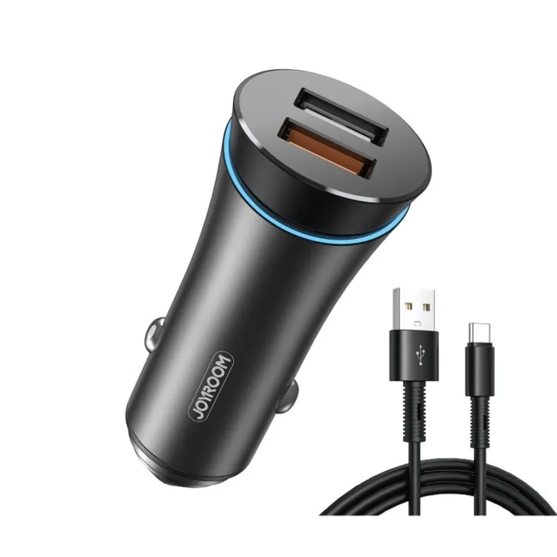 Caricatore auto Joyroom 30W doppia porta QC3.0 cavo USB-A USB-C nero