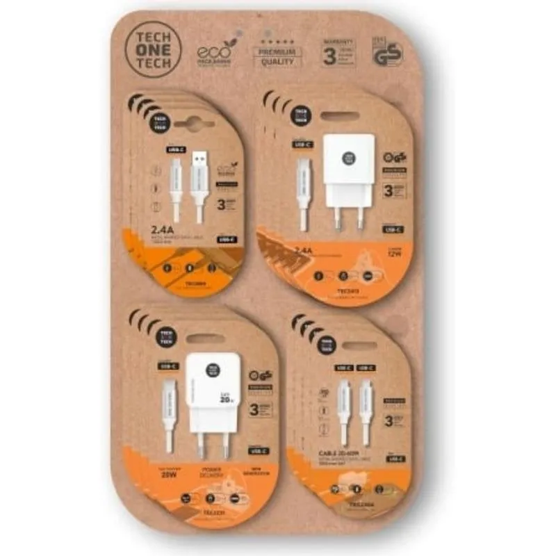 Espositore Tech One Tech Caricatori GaN e Cavi 4 Ganci 16 Prodotti
