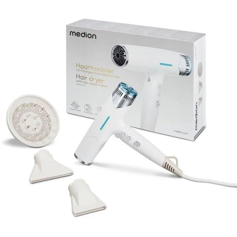Phon Ionico Medion MD19984 1500W 3 Temperature 3 Velocità Accessori Bianco