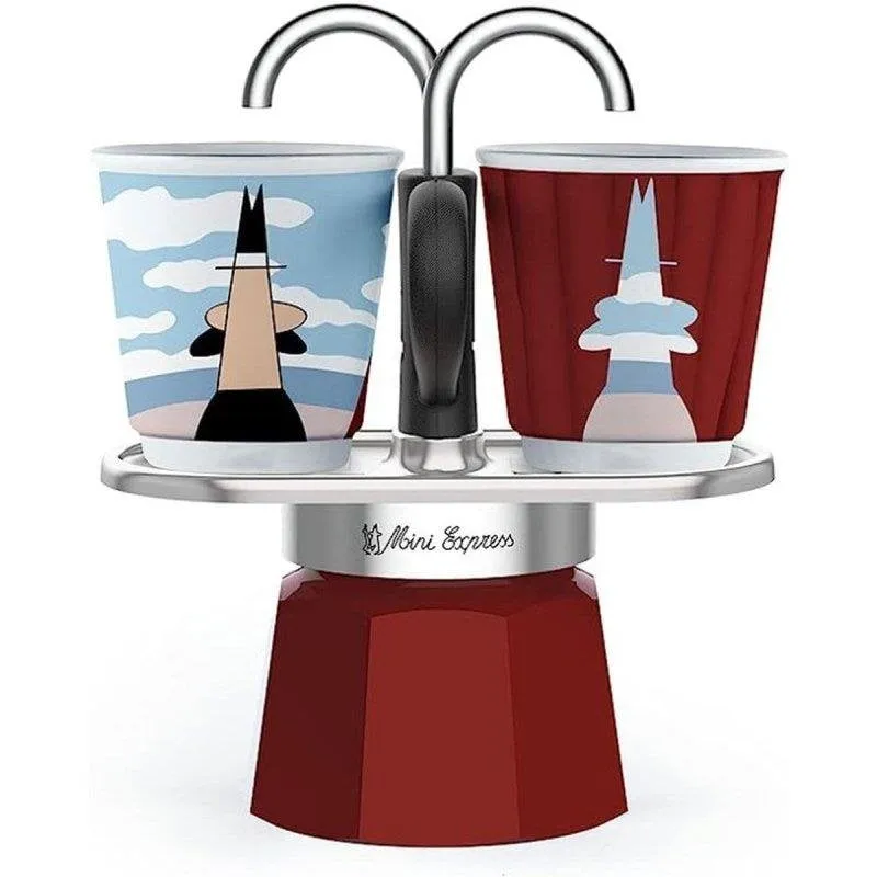 Caffettiera Moka Bialetti Mini-express Magritte 90-100 ml con 2 tazze