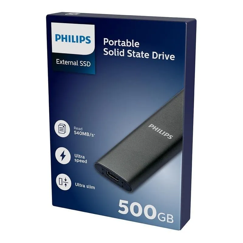 Disco Duro Philips SSD Esterno Portatile 500GB Ultra Slim 540Mb/s Lettura