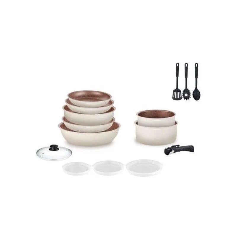 Casseruola 18 pezzi Arthur Martin alluminio beige antiaderente texture pietra induzione forno