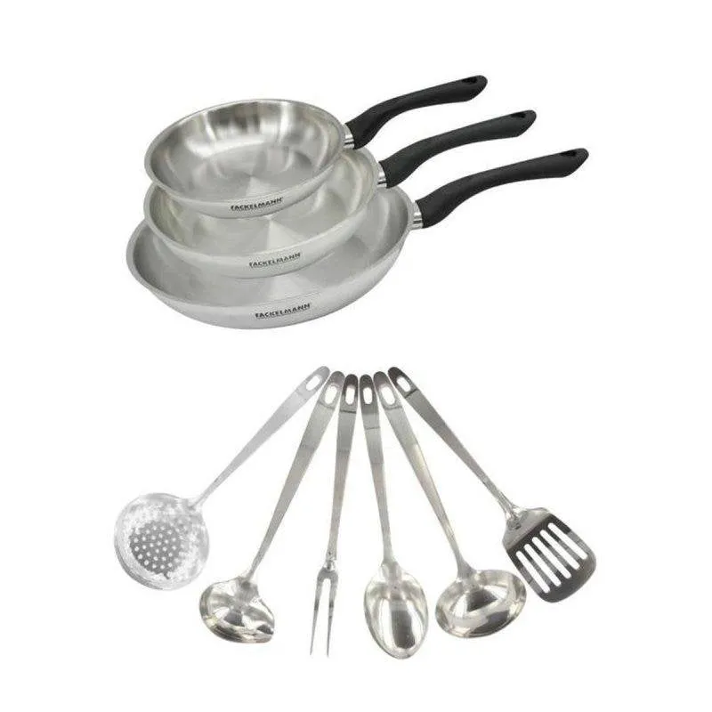 Set Padelle e Utensili Fackelmann Geneva Inox 18/8 3 Padelle + 6 Utensili Senza PFAS Induzione