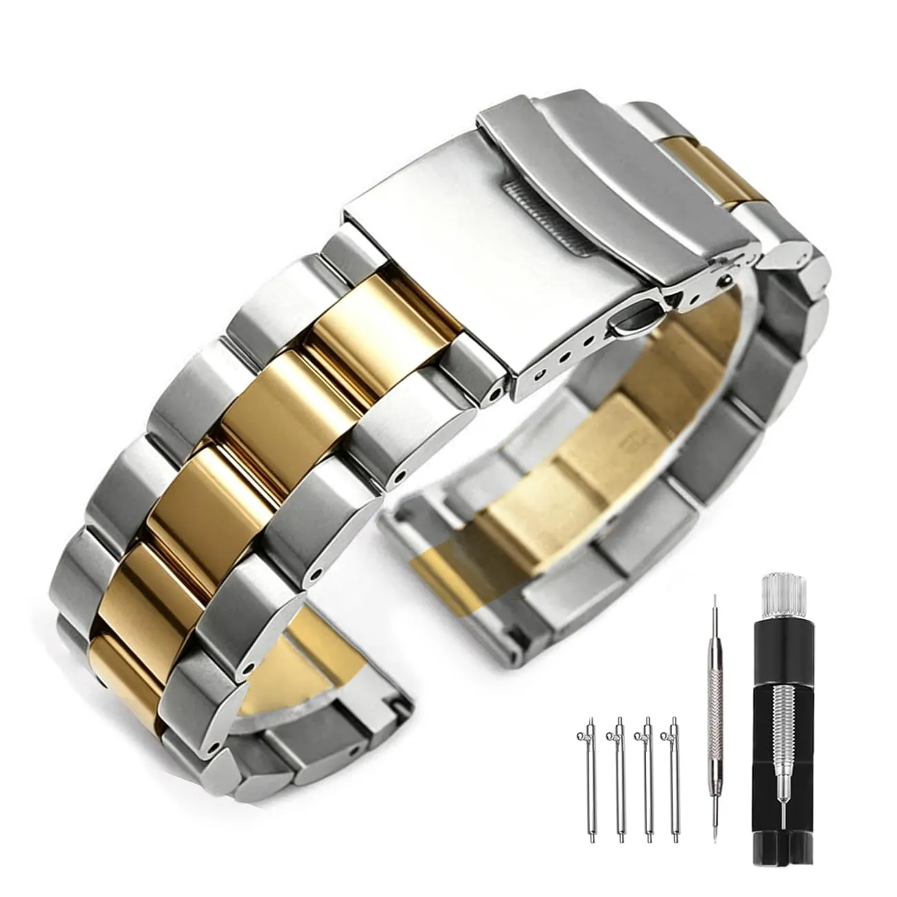 Kai Tian Cinturino per orologio in metallo spazzolato con finitura lucida e massiccia doppia chiusura, per uomini e donne, 18 mm, 20 mm, 21 mm, 22 mm, 24 mm, 26 mm, 22mm, Acciaio inossidabile, Non