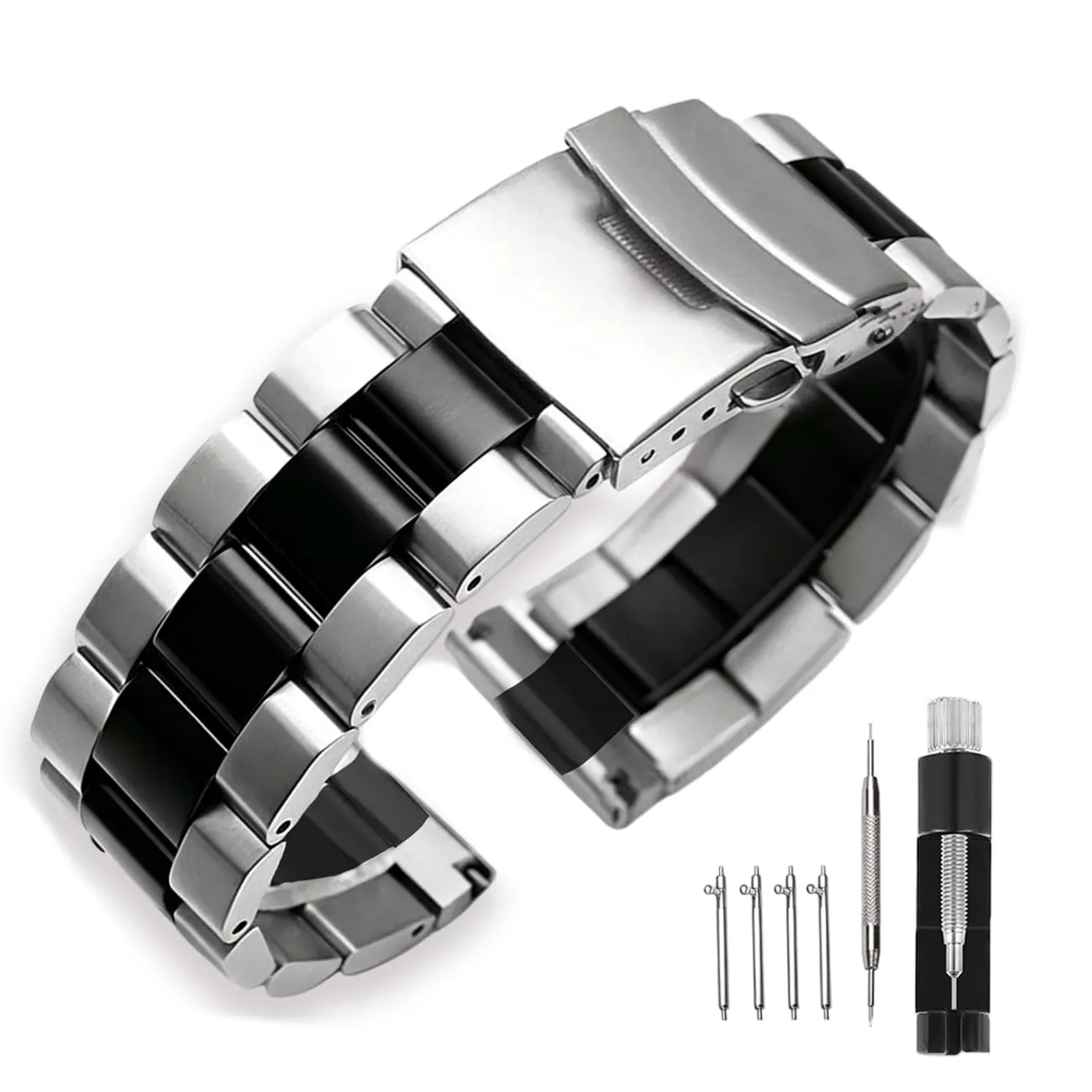 Kai Tian Cinturino per orologio da polso in acciaio inox massiccio spazzolato, fibbia deployante, per uomo e donna, 18 mm, 20 mm, 22 mm, 24 mm, nero e argento, 20mm, Metallo Acciaio inossidabile