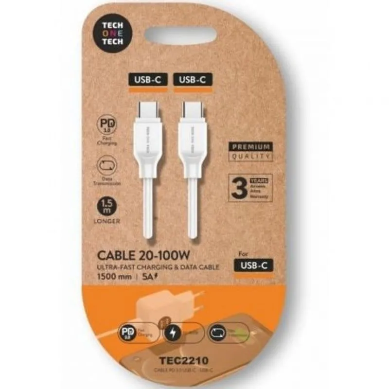 Cavo USB-C a USB-C Tech One Tech TEC2210 100W 1.5m Bianco