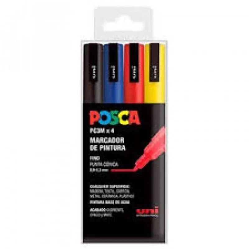 Astuccio 4 pennarelli Uni-Ball Posca PC-3M 0,9-1,3 mm colori base