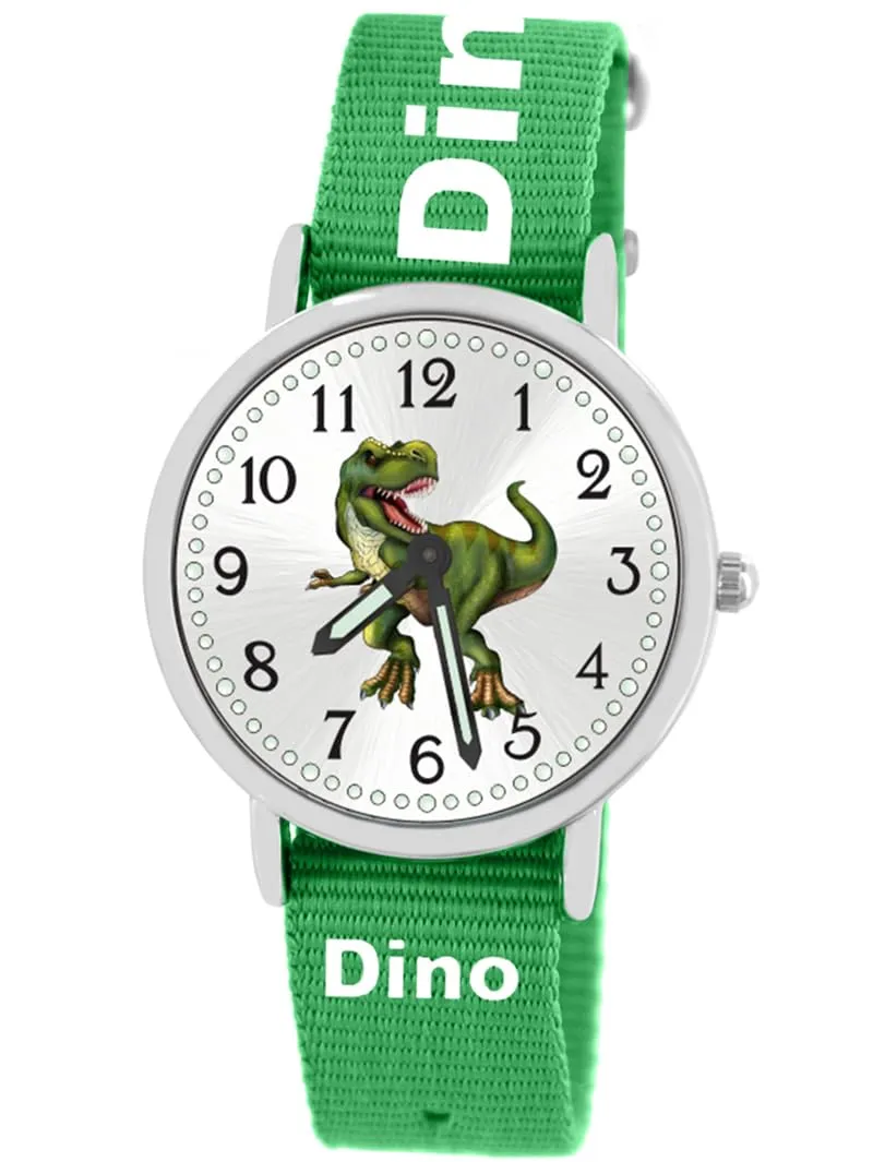 Brecjon Orologio per bambini, motivo dinosauro, con lancette luminose, 5 ATM, impermeabile, in tessuto, Bianco verde/quadrante Sunray