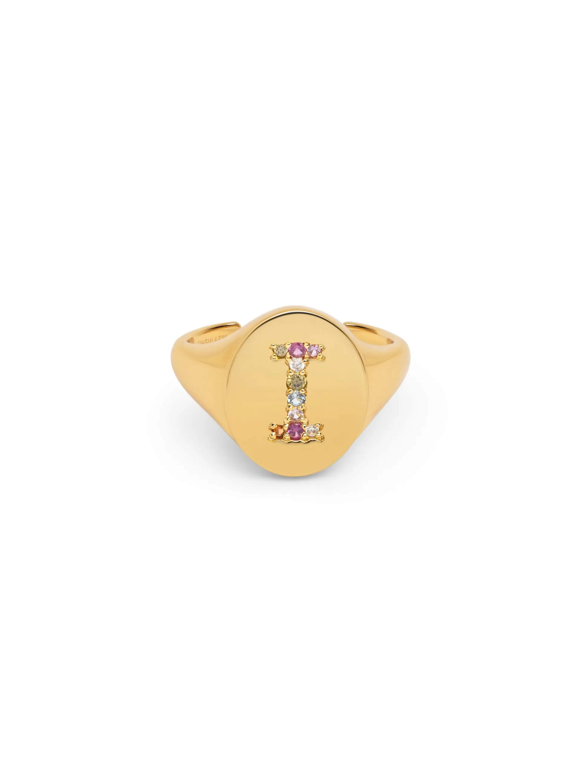 SINGULARU - Anello Personalizzato Signet Letter Colors. Ottone con Finitura Placcata Oro 18Kt. Anello con Motivo Lettera e Zirconi Colorati. Gioielli da Donna. Lettera I