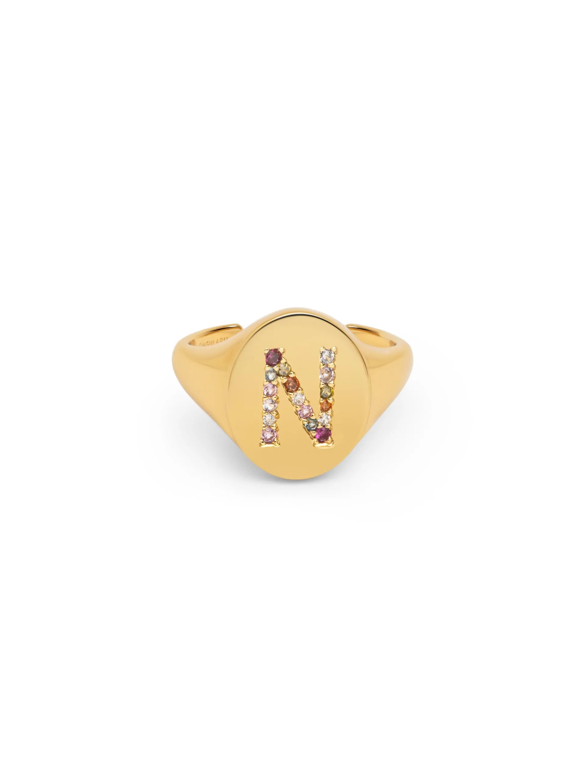 SINGULARU - Anello Personalizzato Signet Letter Colors. Ottone con Finitura Placcata Oro 18Kt. Anello con Motivo Lettera e Zirconi Colorati. Gioielli da Donna. Lettera N