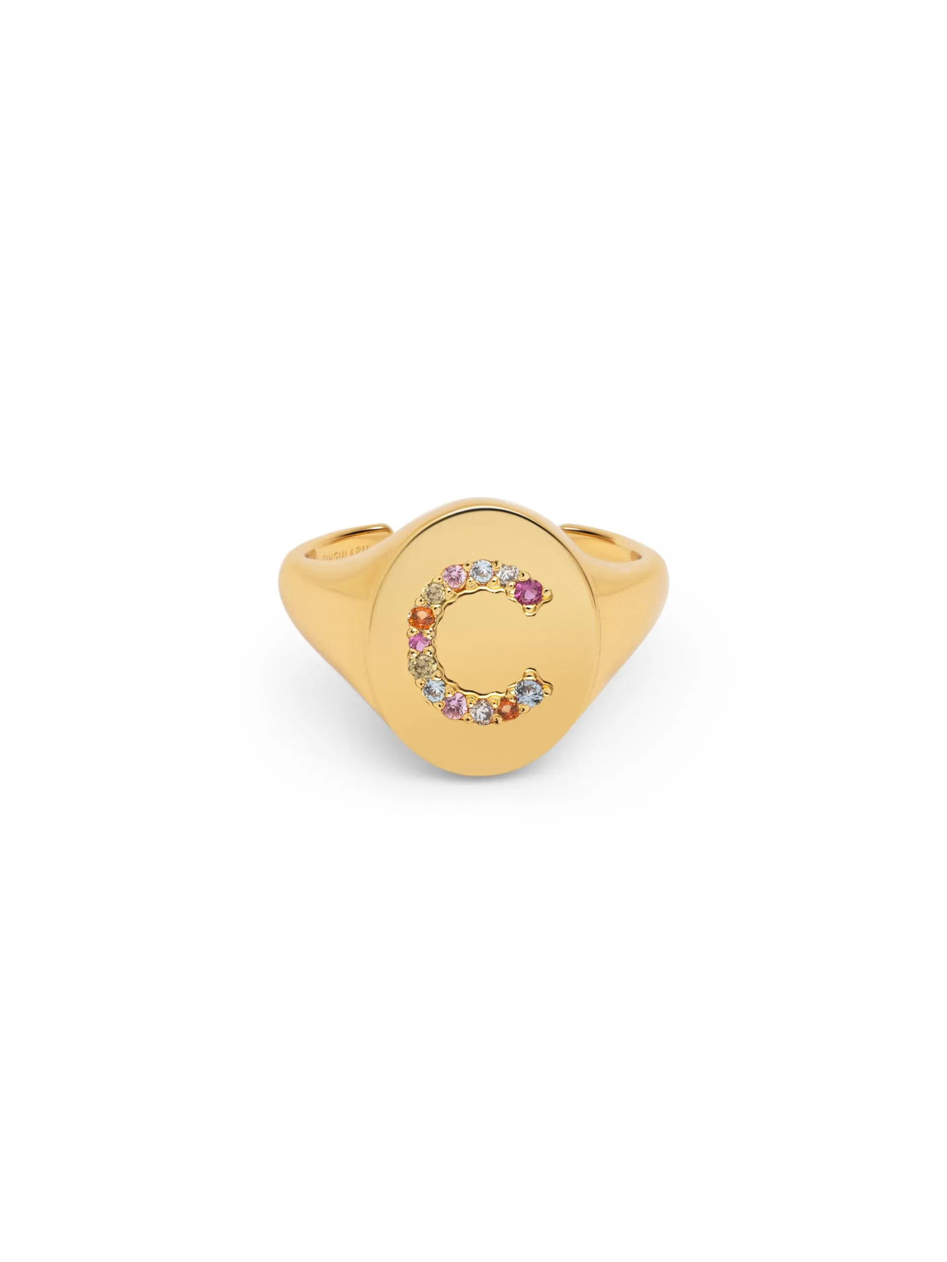 SINGULARU - Anello Personalizzato Signet Letter Colors. Ottone con Finitura Placcata Oro 18Kt. Anello con Motivo Lettera e Zirconi Colorati. Gioielli da Donna. Lettera C
