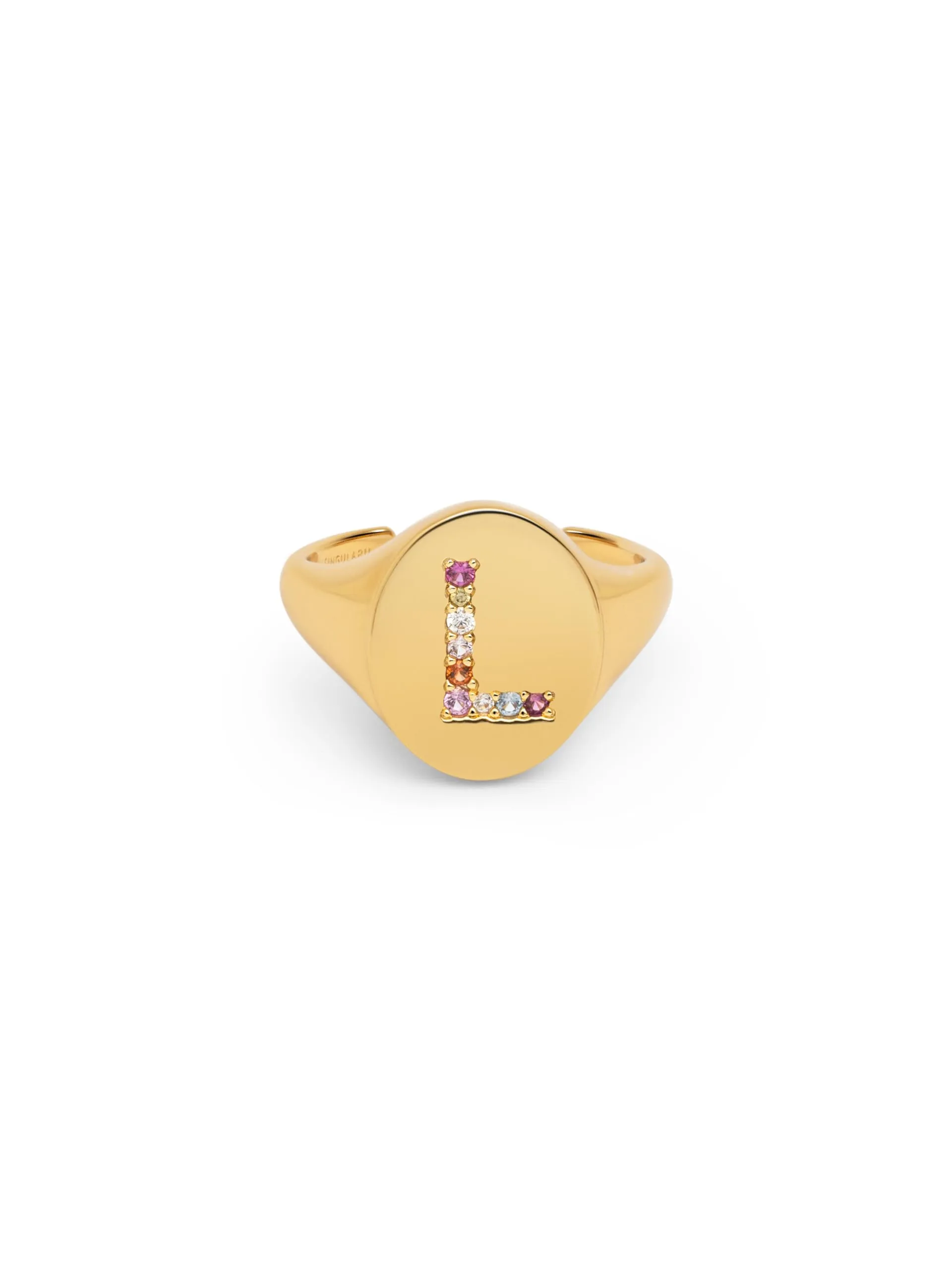 SINGULARU - Anello Personalizzato Signet Letter Colors. Ottone con Finitura Placcata Oro 18Kt. Anello con Motivo Lettera e Zirconi Colorati. Gioielli da Donna. Lettera L