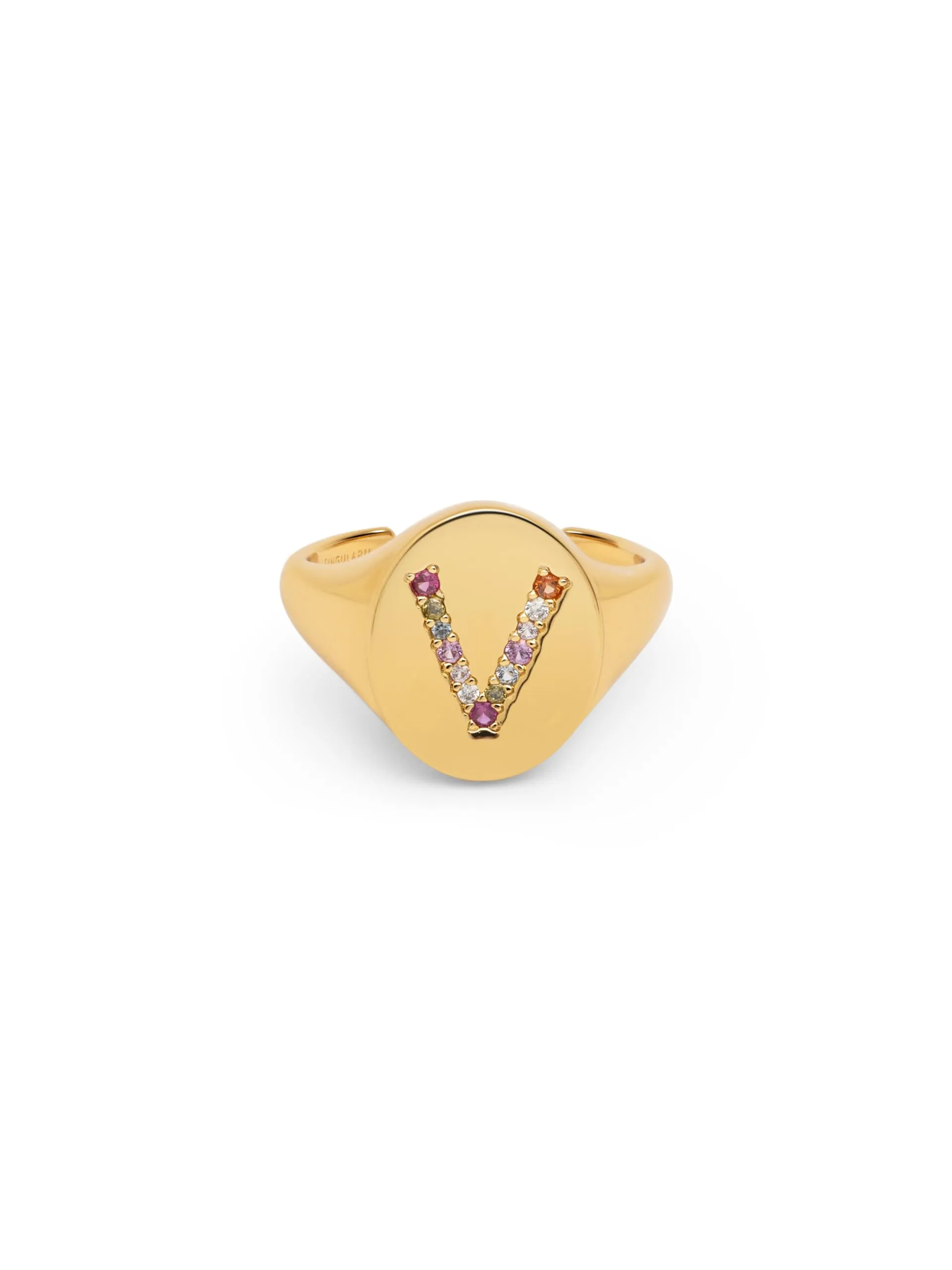 SINGULARU - Anello Personalizzato Signet Letter Colors. Ottone con Finitura Placcata Oro 18Kt. Anello con Motivo Lettera e Zirconi Colorati. Gioielli da Donna. Lettera V