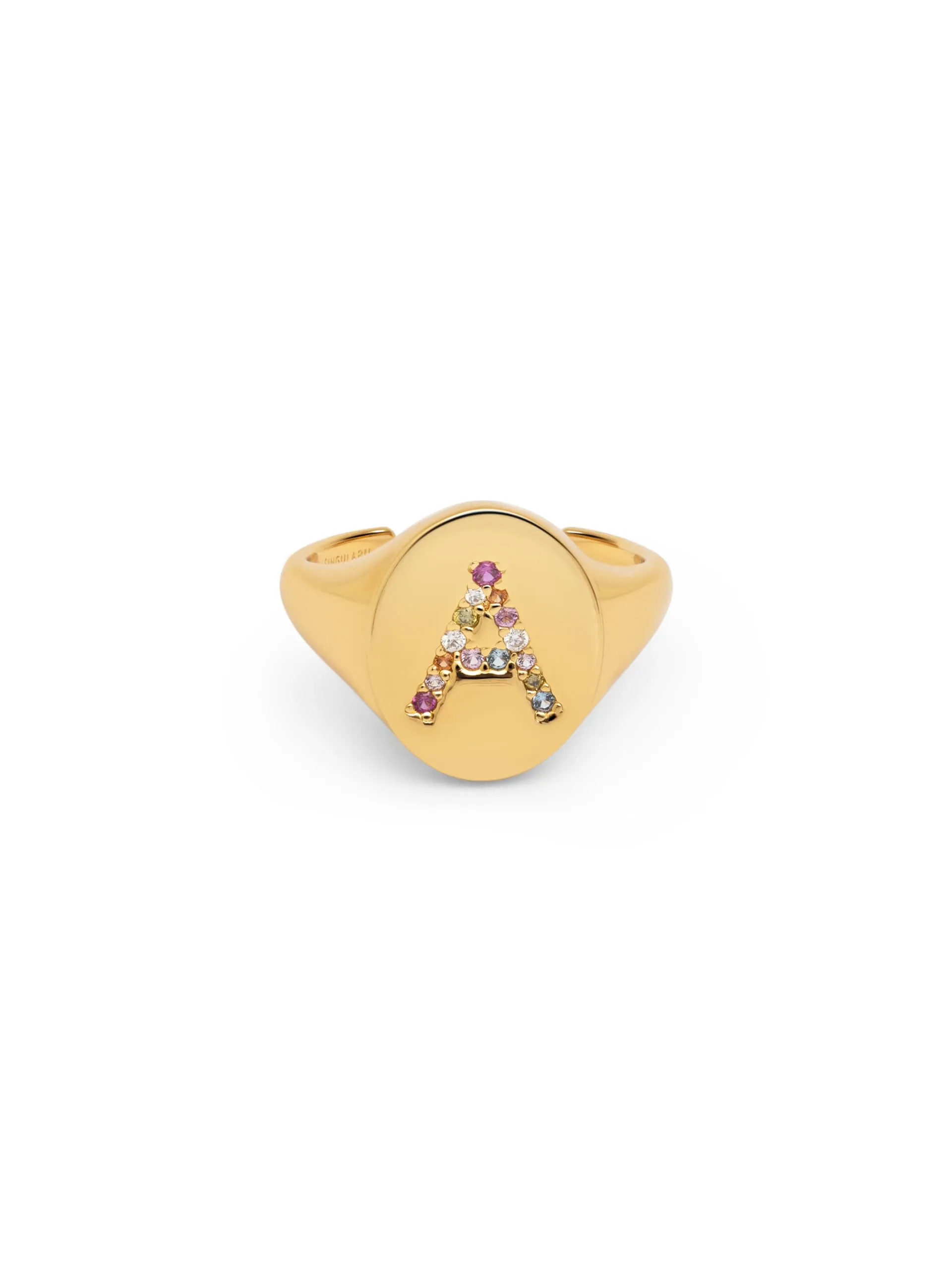 SINGULARU - Anello Personalizzato Signet Letter Colors. Ottone con Finitura Placcata Oro 18Kt. Anello con Motivo Lettera e Zirconi Colorati. Gioielli da Donna. Lettera A