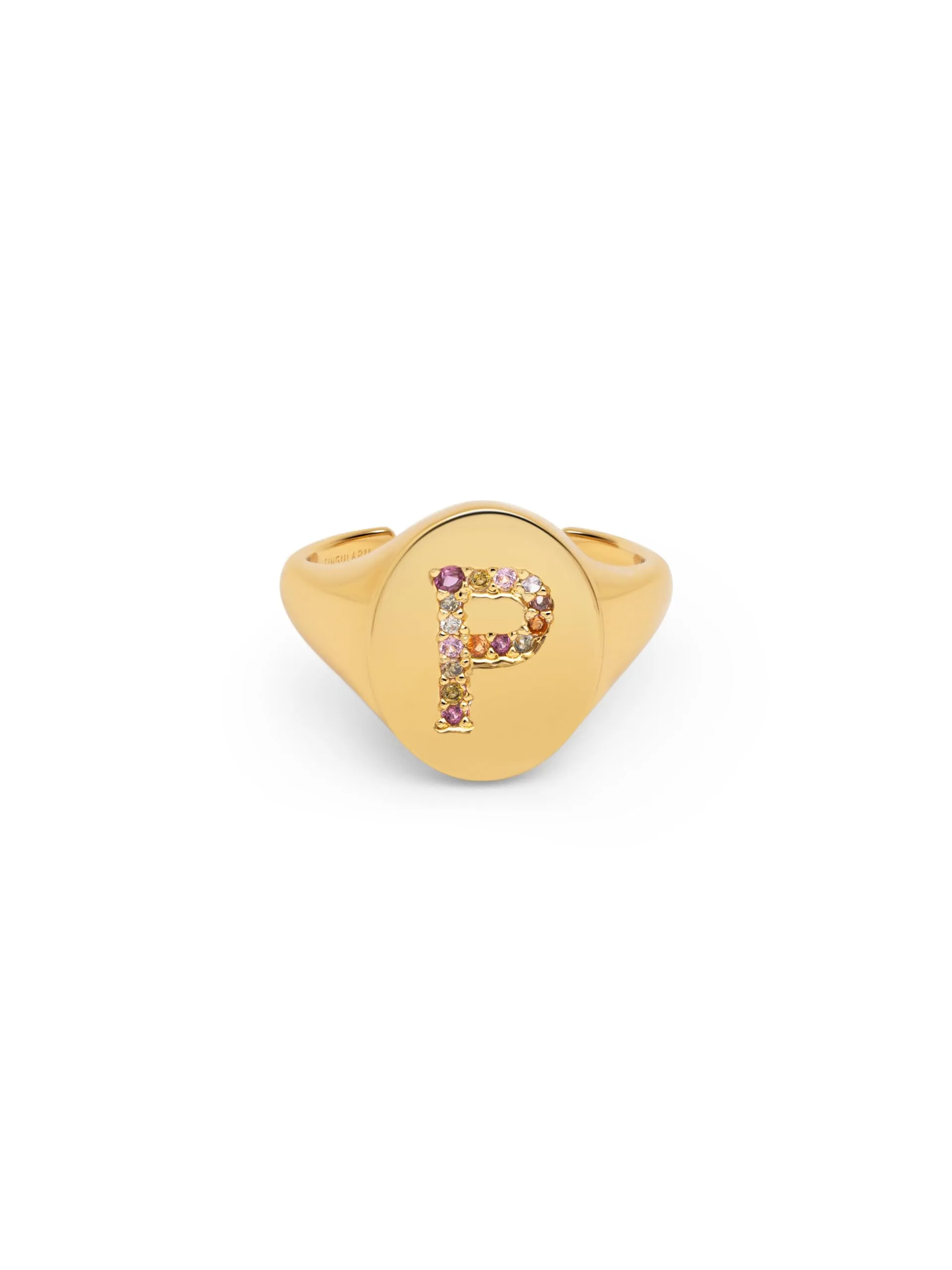 SINGULARU - Anello Personalizzato Signet Letter Colors. Ottone con Finitura Placcata Oro 18Kt. Anello con Motivo Lettera e Zirconi Colorati. Gioielli da Donna. Lettera P