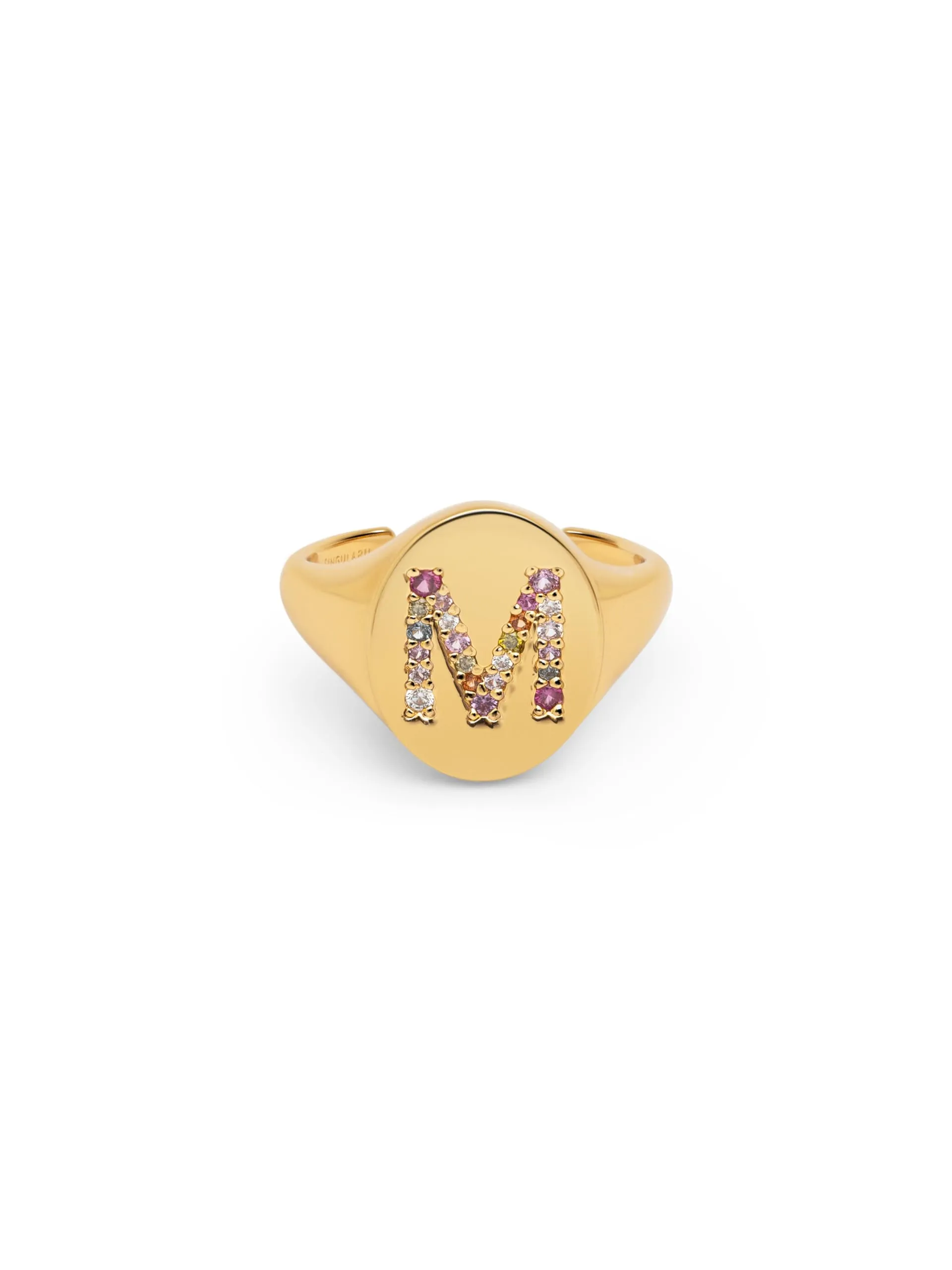 SINGULARU - Anello Personalizzato Signet Letter Colors. Ottone con Finitura Placcata Oro 18Kt. Anello con Motivo Lettera e Zirconi Colorati. Gioielli da Donna. Lettera M