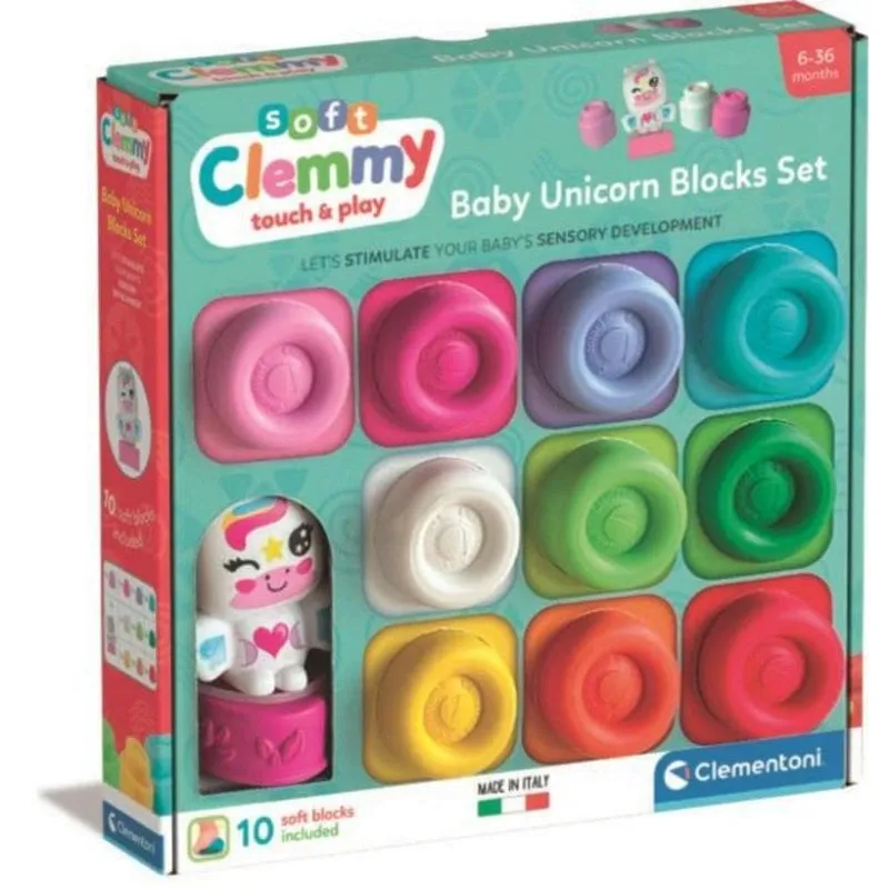 Clementoni Clemmy Arcoíris 10 Cubos Blandos Apilables + Personaje Unicornio 17630 11 pezzi