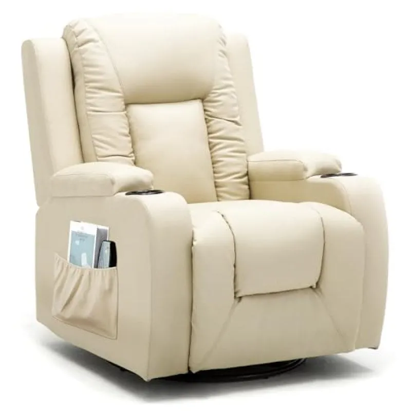 Poltrona Relax Girevole 360° in Pelle PU Bianca Poggiapiedi Portabicchieri