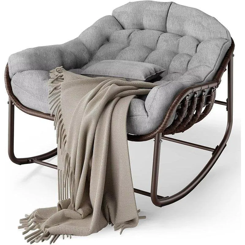 Sedia a dondolo in rattan uovo Grigio con cuscino spesso