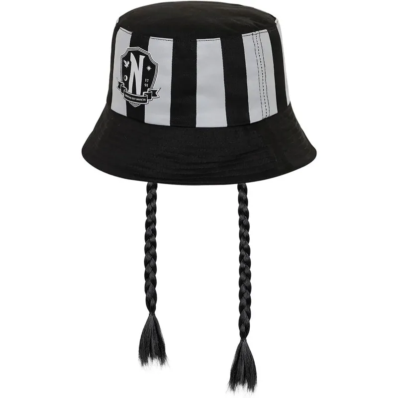 Cappello Bucket Wednesday Addams Righe Grigie Treccine Cotone Ufficiale
