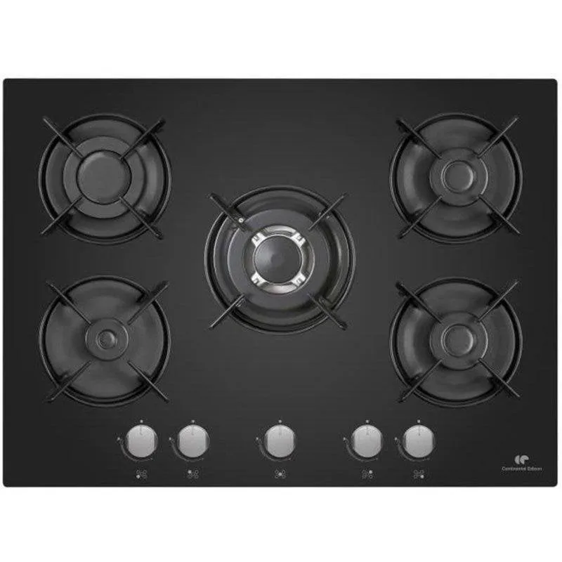 Piastra a gas Continental Edison 5 fuochi Vetro nero temperato Accensione elettrica inclusa