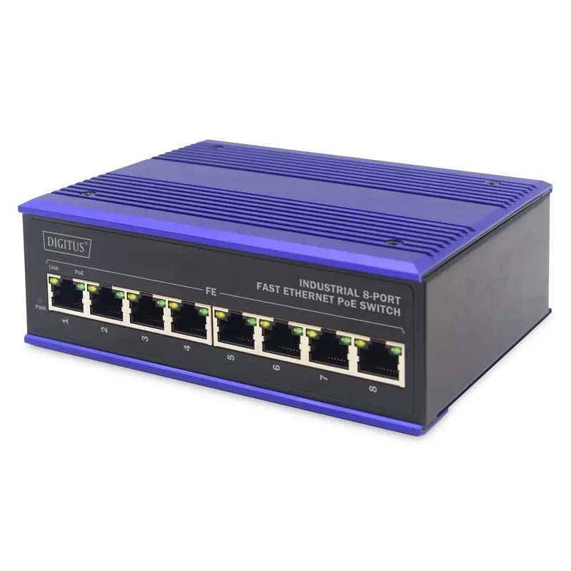 Digitus Switch PoE di rete Fast Ethernet a 8 porte, industriale, non gestito