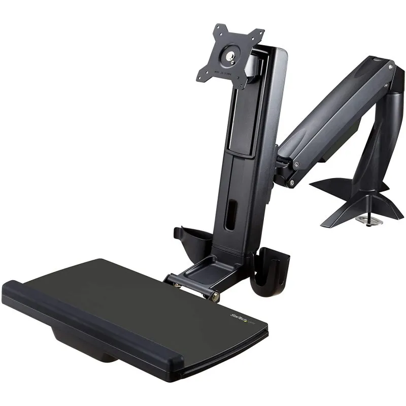 StarTech.com Braccio regolabile da scrivania per postazione di lavoro Sit-Stand per un singolo display 27" con montaggio VESA - Supporto ergonomico articolato da scrivana seduto/in piedi con vassoio per tastiera
