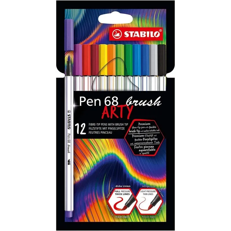 STABILO Pen 68 Brush Arty Confezione da 12 pennarelli con punta a pennello, colori assortiti