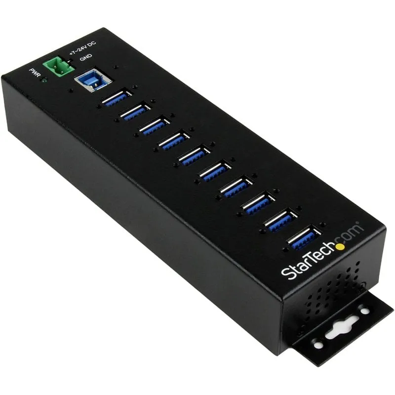 StarTech.com Hub USB 3.0 industriale a 10 porte con adattatore di alimentazione - Protezione contro le sovratensioni - Hub di trasferimento dati USB 3.0 industriale in metallo - Montabile su guida DIN, a parete o su scrivania