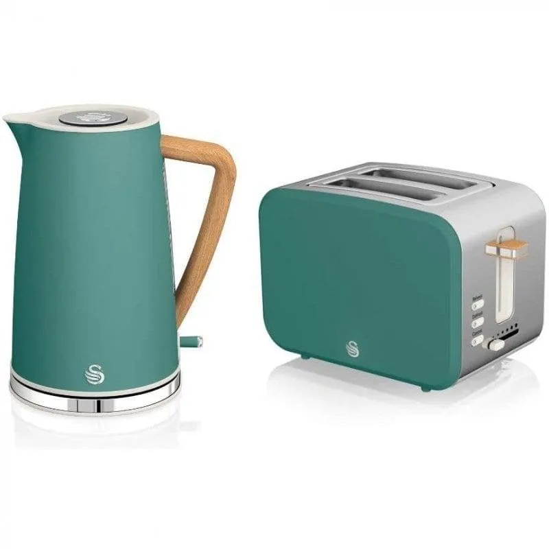 Set colazione Swan Nordic ST14610GRENEU + SK14610GRENEU, tostapane 2 fessure larghe 900 W, 6 livelli, bollitore 1,7 L 2200 W, verde