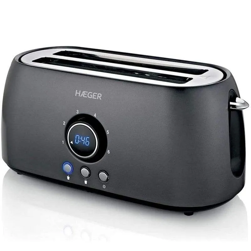 Tostapane Haeger Future Plus TO-14D.013A 2 fessure larghe 1400 W 6 livelli Scongelamento Riscaldamento Raccoglibriciole Nero