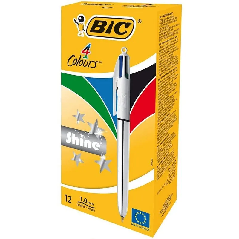 Bic Shine 4 Colori Scatola da 12 Penne Retrattili Corpo Argento