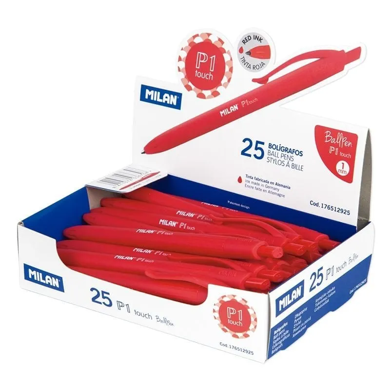 Milan P1 Touch Box da 25 penne a inchiostro a olio retrattili rosse