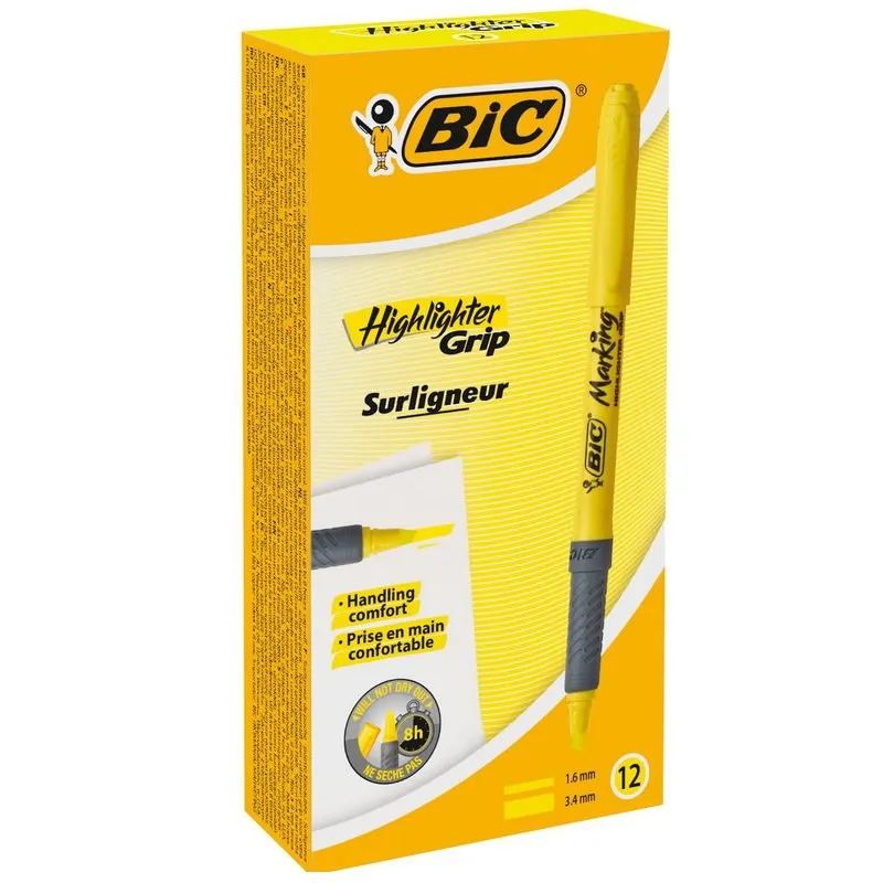 Bic Highlighter Grip Confezione da 12 Pennarelli Fluorescenti Gialli