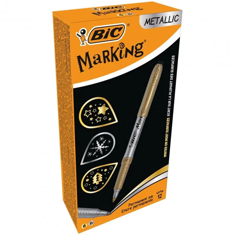 Scatola di marcatura BIC da 12 pennarelli indelebili Oro/Argento metallizzato