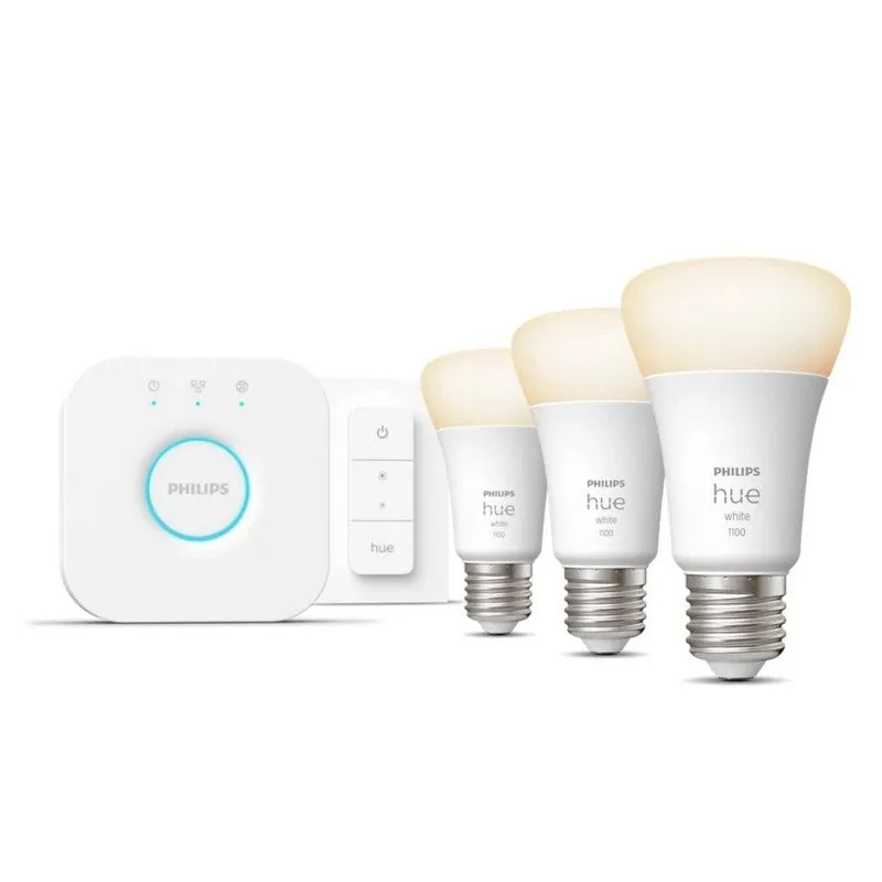 Philips Hue White Starter Kit 3 Lampadine LED Smart E27 9,5W Luce Bianca Calda + Bridge Hue + Interruttore