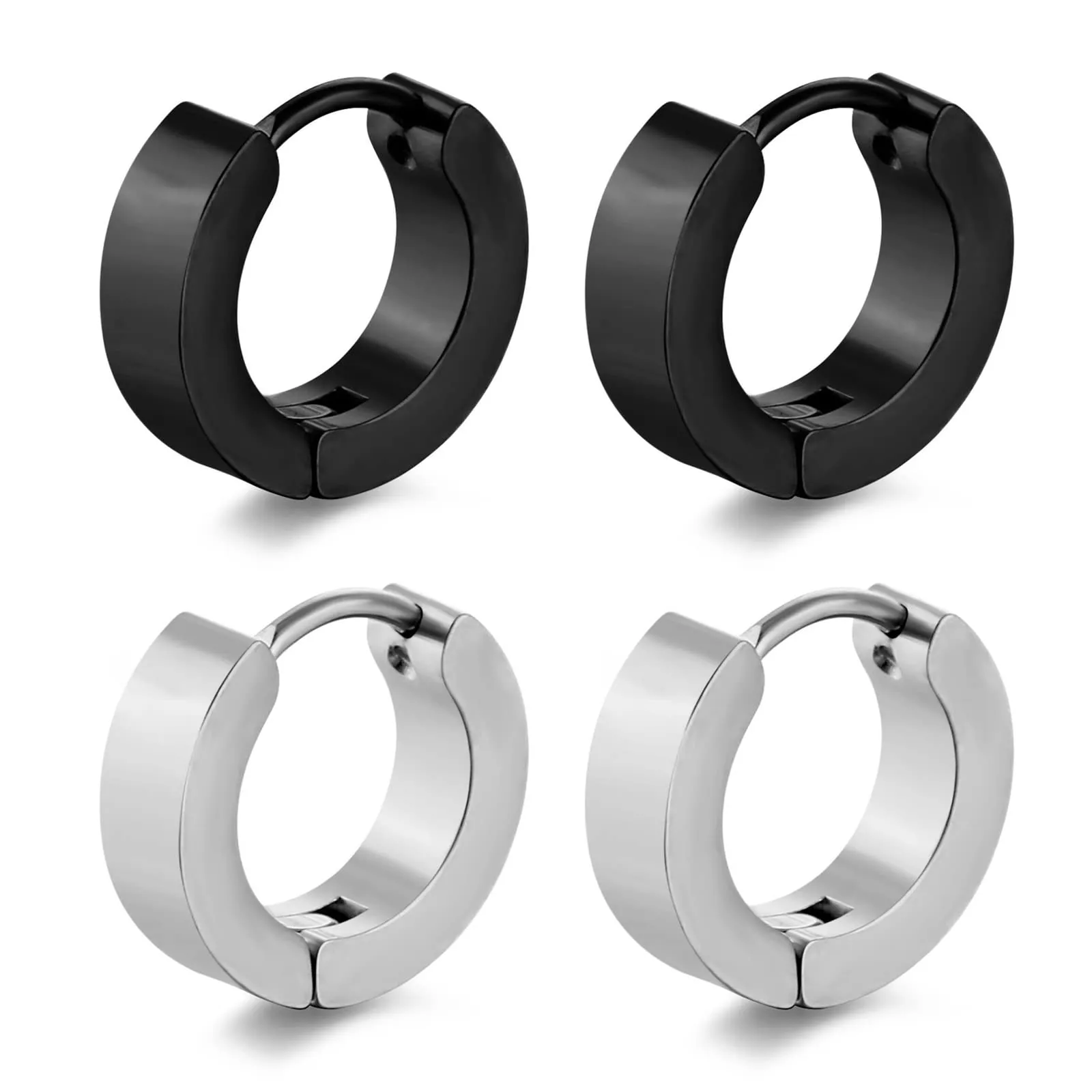 Momeski 2 paia di orecchini da uomo/donna in acciaio inossidabile nero argento opaco orecchini a cerchio classici da 4 mm / 9 mm (nero e argento)