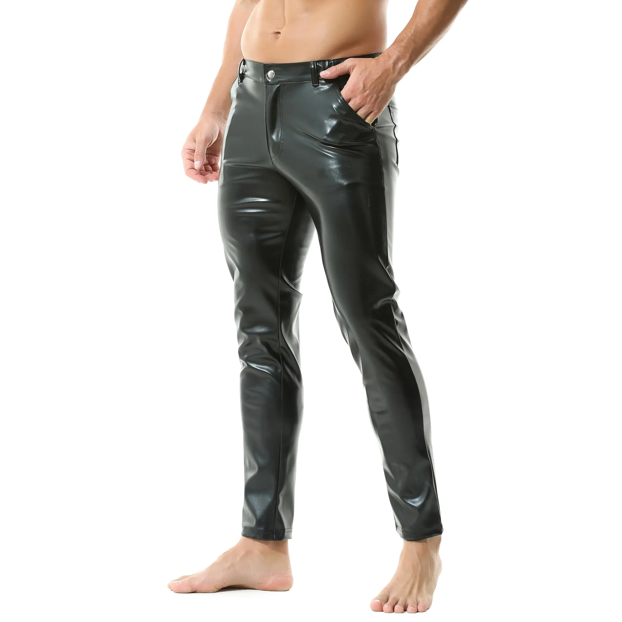YUFEIDA Leggings da uomo classici effetto bagnato, pantaloni lunghi in ecopelle PU, tasche con cerniera, casual, moto, cosplay, danza, palcoscenico, feste, club, leggings da uomo, nero, L